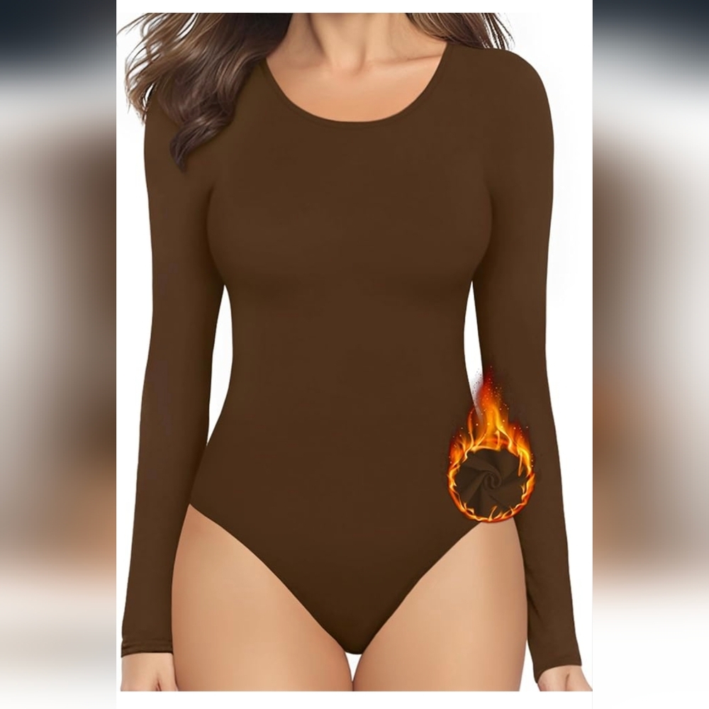 NWT MANGOPOP Medium Brown   Round Neck Long Sleeve Bodysuit with Ribbed Body